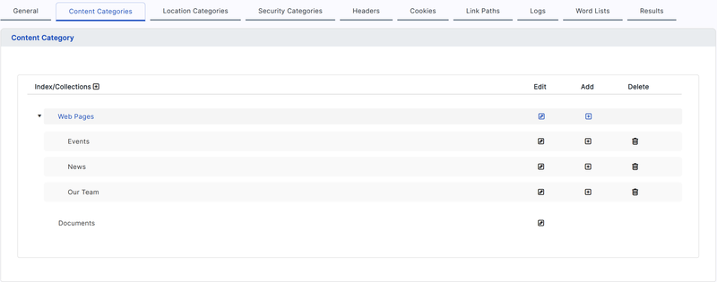 The Content Categories tab, showing the Index/Collections tree with Web Pages expanded over its Events, News and Our Team children alongside a top-level Documents category, and the Edit, Add and Delete controls on each row