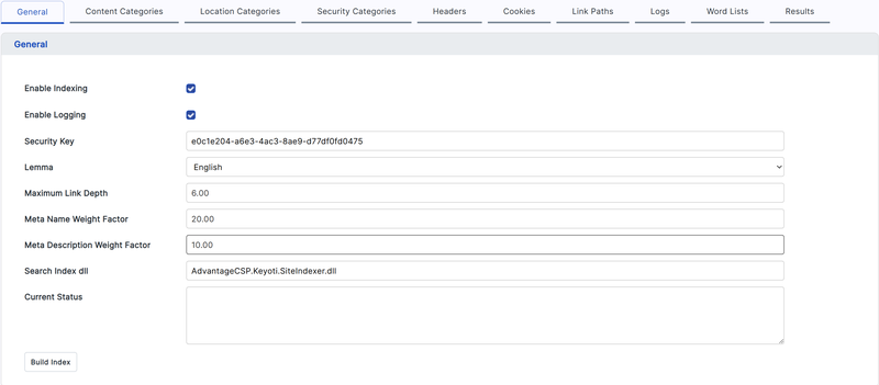The General tab of the Search configuration screen, with Enable Indexing and Enable Logging ticked, the Security Key, Lemma language, Maximum Link Depth, meta weight factors and Search Index dll filled in, and the Current Status box above the Build Index button