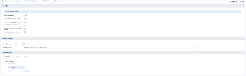 The Search Categorization tab of page properties, with the Index switch on, the Boost Search Factor and the four conditional index tick boxes, Do not follow Links on the page, the Enterprise Features regex and scrape method options, and the Categories/Groups panel on its Content Type tab